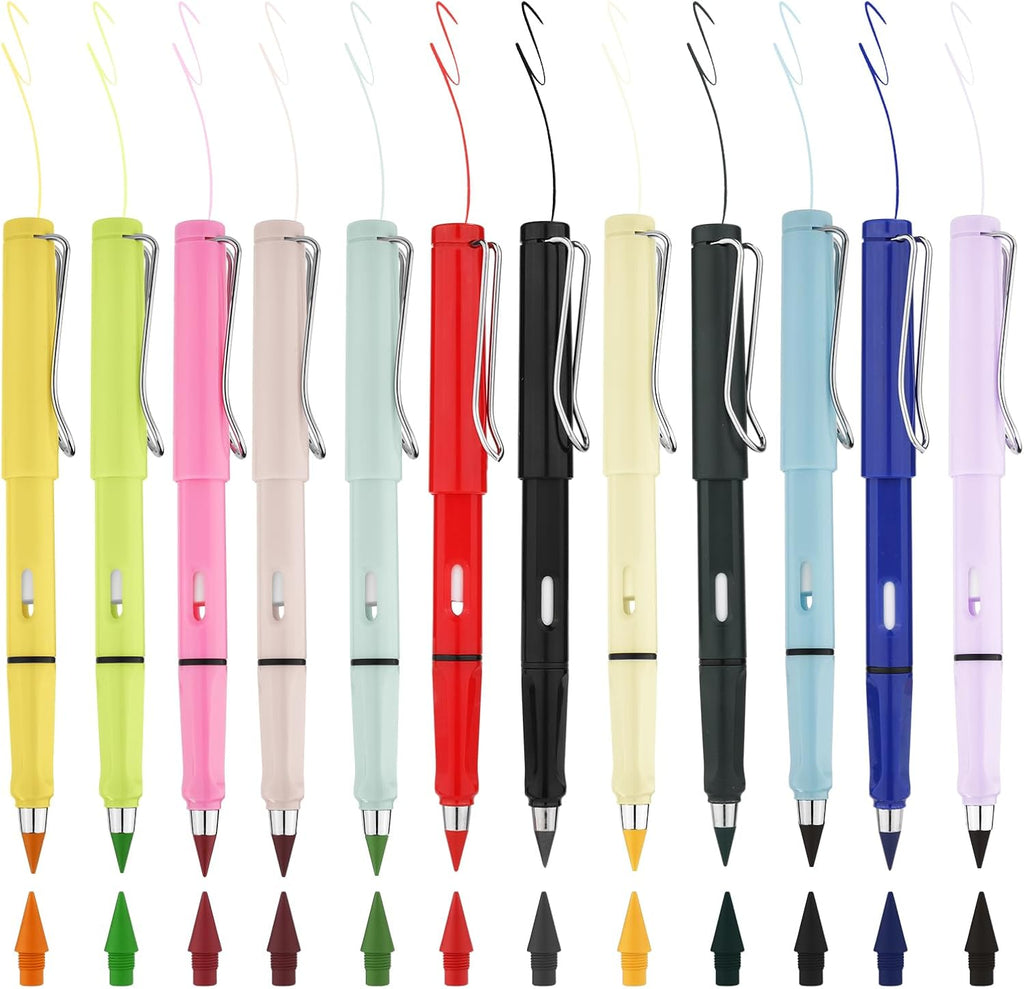 12pcs Everlasting inkless Pencils, Infinity Pencils with Eraser Portable Reusable Infinite Pencil Eternal Pencils with 12pcs Replaceable Nibs Unlimited Writing for Student Office School