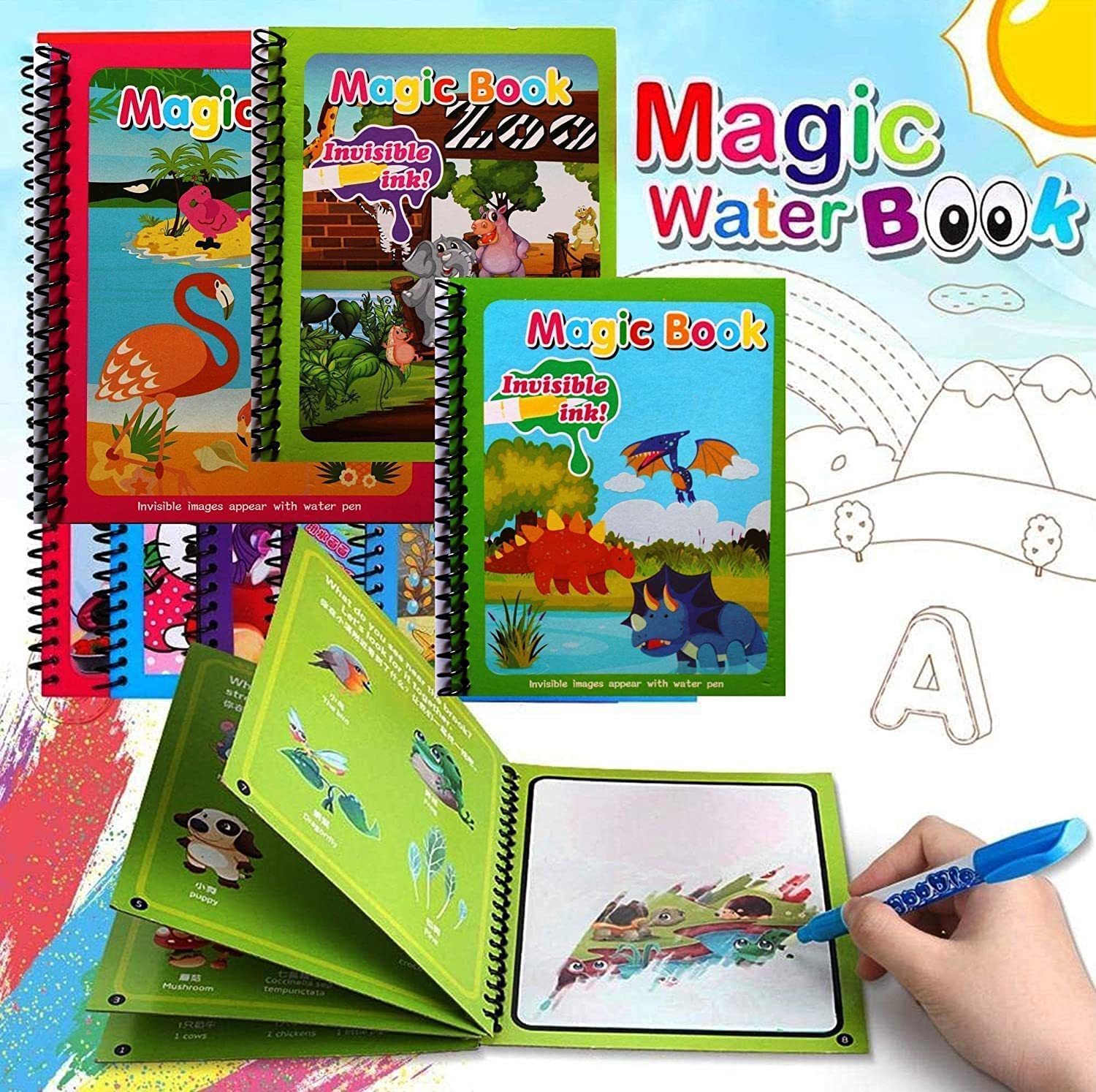 Magic Water Painting Book For Kids With Magical Water Doodle Pen (Pack of 3 Design May Vary)